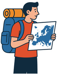 Backpacker Holding Map of Europe Illustration | Travel and Adventure Icon