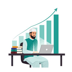 Muslim man working on laptop with growth chart