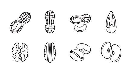 Collection of various nuts and seeds depicted in a simple line drawing silhouette style