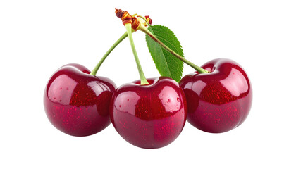 Three glossy red cherries with green leaves