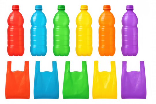 Multicolored plastic bottles and shopping bags against transparent background, representing environmental issues of consumerism, recycling, and waste management