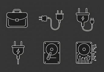 Outline icons of briefcase, plugs, and hard drives on dark background.