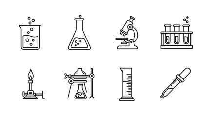 Collection of science laboratory equipment icons in a simple silhouette style