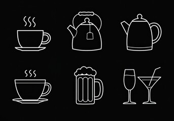 Line art icons of various drinks and tea set.