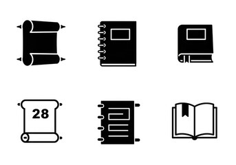 A collection of six black and white icons representing books, scrolls, and notebooks.
