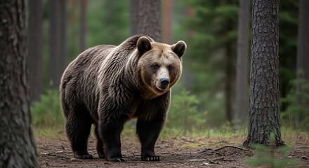 Fototapeta premium Majestic Brown Bear Standing in a Dense Forest.