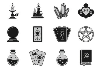 Collection of mystical and spiritual symbols, including candles, crystals, and tarot cards.