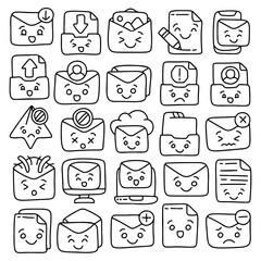 Cute Hand Drawn Email Icon Set with Kawaii Faces – Doodle Envelope, Folder, File, Mailbox and Emoji Expressions for Communication and Messaging UI Design