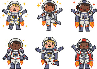 Cartoon astronauts with jetpacks in colorful space suits, flying and posing with sparkles, playful vector illustration for space exploration themes