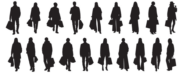Architectural Drawings stylish people carrying shopping bags, street fashion outfits silhouette vector illustration, front view, human person Minimal style hand drawn.