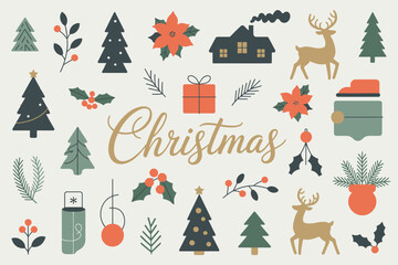 Vintage Christmas and New Year Flowers Vector – Festive Floral Elements, Leaves, Winter Decoration, Elegant Holiday Design for Greeting Cards, Posters, Invitations, Print, Web, and Digital Projects