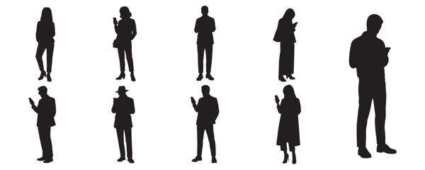 Architectural Drawings trendy fashion standing people using smartphones, texting, or taking selfies silhouette vector illustration, front view, human person Minimal style hand drawn. 