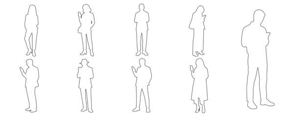Architectural Drawings trendy fashion standing people using smartphones, texting, or taking selfies outline vector illustration, front view, human person Minimal style hand drawn. 
