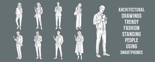 Architectural Drawings trendy fashion standing people using smartphones, texting, or taking selfies vector illustration, front view, human person Minimal style hand drawn.