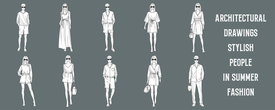 Architectural Drawings stylish people in summer fashion - shorts, dresses, sunglasses, light clothing vector illustration, front view, human person Minimal style hand drawn. 