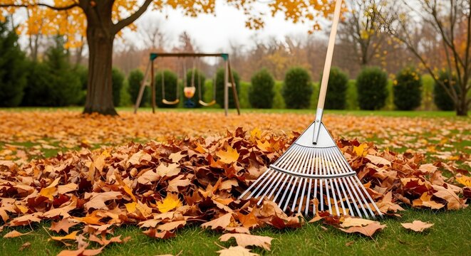 A vibrant autumn scene featuring a metal rake nestled amidst a pile of colorful fallen leaves on a lush green lawn.