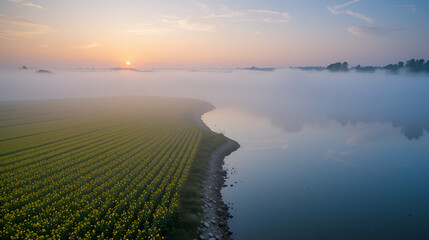 Spring landscape with the morning fog rising above a beautiful lake next to a rapeseed field. Agriculture in amazing parts of the world. Foggy aerial view during sunrise.