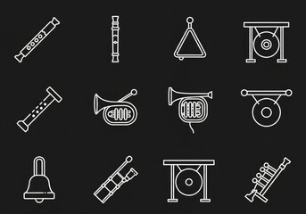 Collection of various musical instruments, including wind instruments, percussion instruments, and brass instruments.