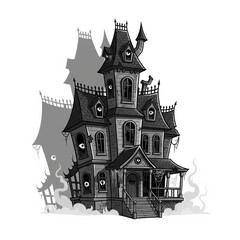 Obraz premium Monochromatic Spooky Haunted House with Towering Structure in Stylized Vector Illustration