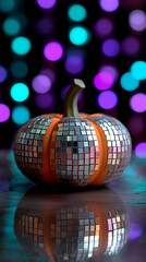 Shiny disco pumpkin with mirrored tiles reflecting colorful bokeh lights, creating a festive Halloween atmosphere, perfect for seasonal decorations and celebrations