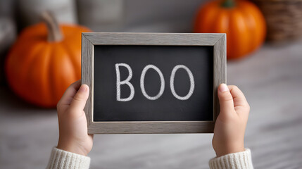 Child's hands holding a chalkboard sign with the word "BOO" written in white, surrounded by vibrant orange pumpkins, creating a festive Halloween atmosphere with cozy textures