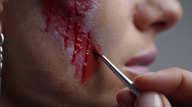 Close-up of a person applying fake blood to a wound on the cheek, showcasing Halloween makeup artistry with intricate details and a dramatic atmosphere for festive celebrations