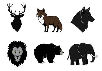 A collection of six wild animal illustrations, including a deer silhouette, a fox, a wolf, a lion, a bear, and an elephant.