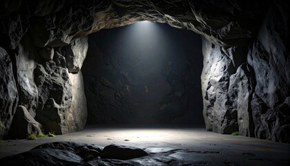Dark Cave with Rock Walls and Glowing Light Spot in Center of Tunnel Underground