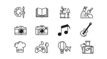 Collection of hand drawn hobby and interest icons in a silhouette style