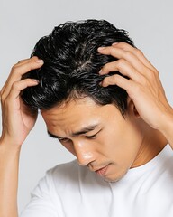 Fototapeta premium asian man parting hair with fingers, showing clean healthy scalp after treatment, no dandruff, shiny black hair