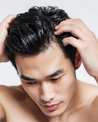 Fototapeta premium asian man parting hair with fingers, showing clean healthy scalp after treatment, no dandruff, shiny black hair