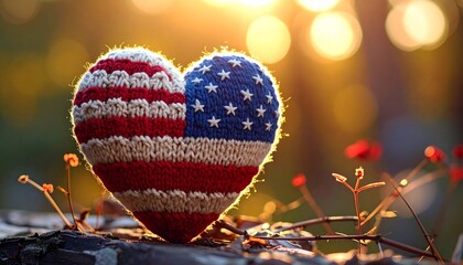 Knitted heart with American flag pattern on tree — tender patriotism, handmade unity, natural tribute.