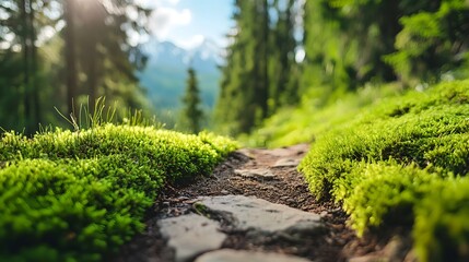 A serene and verdant forest pathway winding through a landscape blanketed in vibrant green moss and foliage