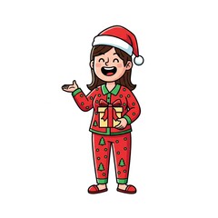 Cartoon Woman in Red Pajamas Holds Gift Box with Festive Santa Hat in White Background