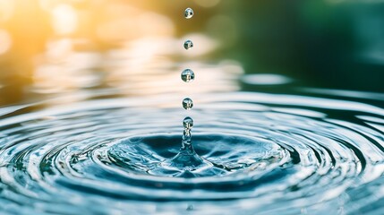Close up view of a single water droplet creating ripples and splashes on a tranquil water surface with a soft blurred background