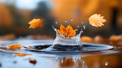Colorful autumn leaves creating a dynamic splash and ripple effect in the tranquil water