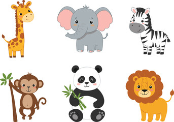 Cute cartoon jungle and zoo animals including giraffe, elephant, zebra, monkey, panda, and lion, playful vector illustration for children’s education