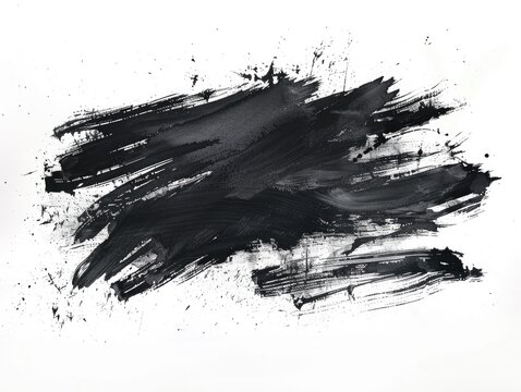An abstract image featuring a large, dark, charcoal-grey brushstroke on a stark white background, with splatters extending outwards