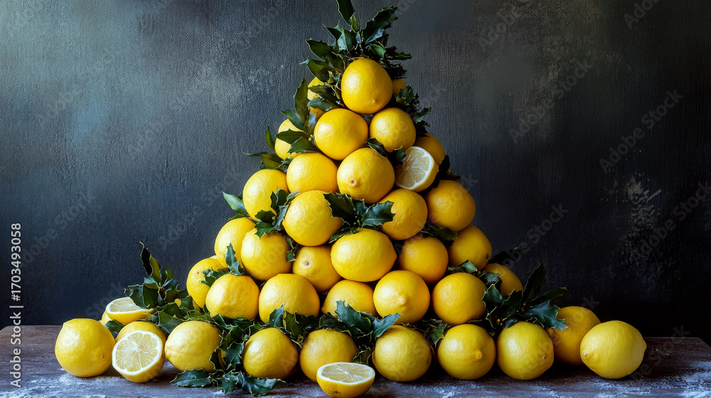 Poster lemons stacked in a pyramid with green leaves on a rustic table. concept of freshness and abundance.