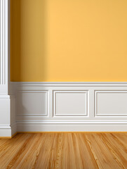 Elegant interior with classic wall panels, warm wood floor and sunny yellow wall