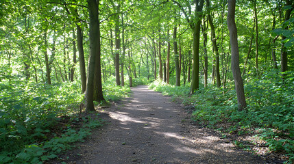 Fototapeta premium Sunlit Forest Path With Lush Green Trees