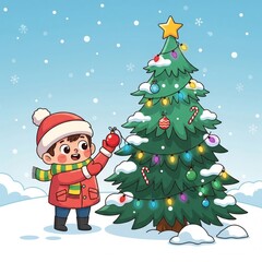 Fototapeta premium Cheerful Boy Decorating Christmas Tree with Red Coat Hat and Scarf in Snowy Scene