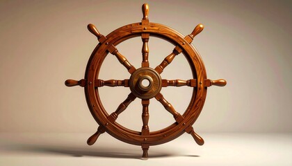 Wooden ship wheel with brass hub — nautical control, crafted symmetry, timeless navigation.