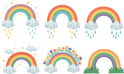 Cute cartoon rainbows with smiling clouds, raindrops, stars, and flowers, colorful vector illustration for children’s decor, nursery art, and weather themes