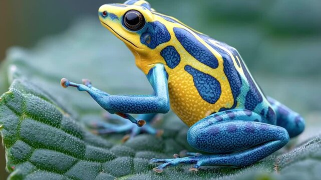 Dyeing poison dart frog, also known as the dyeing poison frog or tinc, sits on a large green leaf and croaks with its mouth wide open, showcasing its vibrant blue and yellow skin