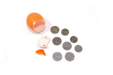 Broken egg shells with coins in white background close-up view, money concept background 