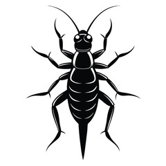 Monochrome Illustration of a Grasshopper with Detailed Anatomy and Exoskeleton Markings in High Contrast Black and White Depiction