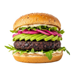 Gourmet black bean burger, charred patty, avocado, red onions, arugula, whole-grain bun, isolated on white, high-key, close-up. Plant-based meal concept