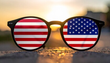 Sunglasses with American flag lenses at sunset &mdash; bold identity, warm pride, summer symbolism.