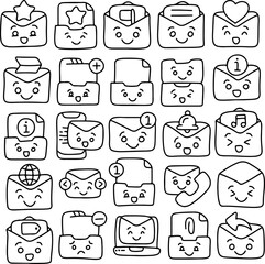 Cute Hand Drawn Email Icon Set with Kawaii Faces – Doodle Envelope, Folder, File, Notification, Message, Love Mail, Music, Call and Communication Symbols for UI and Messaging Design